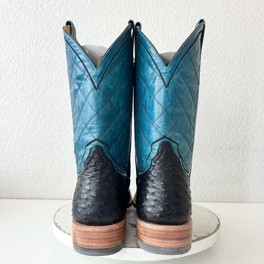 Rod Patrick Mens Cowboy Boots 13 AA Black Ostrich Blue Top Western Square Toe - Picture 3 of 12